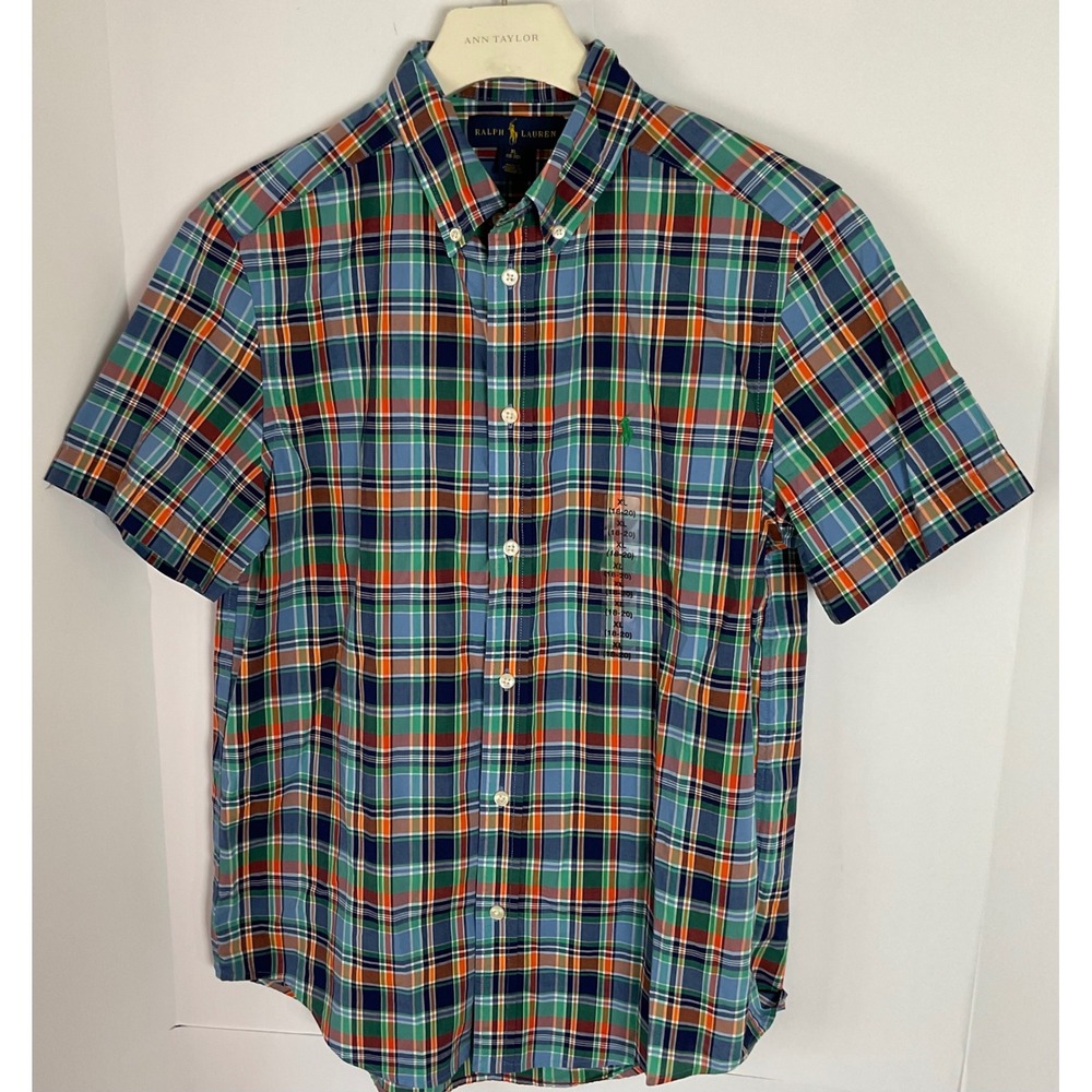 Ralph Lauren Boys XL 18-20 Plaid Short Sleeve Button Down Shirt Blue Green Multi